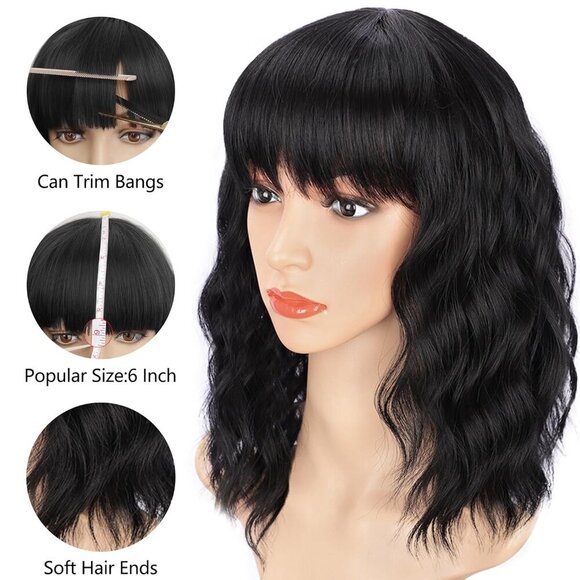 Women Black Bangs Natural Looking Heat Resistant Synthetic Fiber Short Hair Wig - Picture 6 of 7
